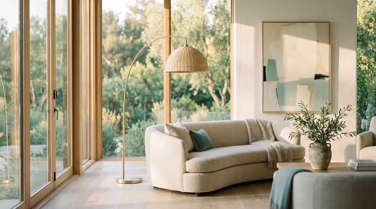 Small rental living room made to look expensive: brass arc lamp, linen sofa, one large artwork, and a single plant in a terracotta pot in warm light
